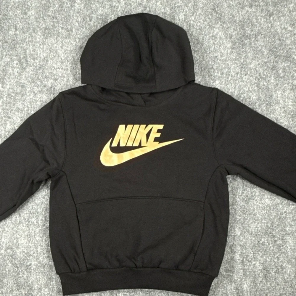 Nike Kids Size 6-7Yrs Large Black Metallic Gold Futura Logo Pullover Hoodie NWT
